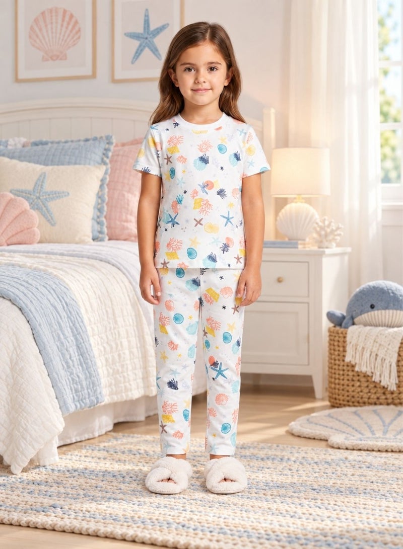 babyqlo Girls White Seashell and Starfish Print Pajama Set - Image 1