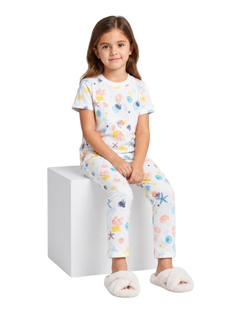 babyqlo Girls White Seashell and Starfish Print Pajama Set - Image 3