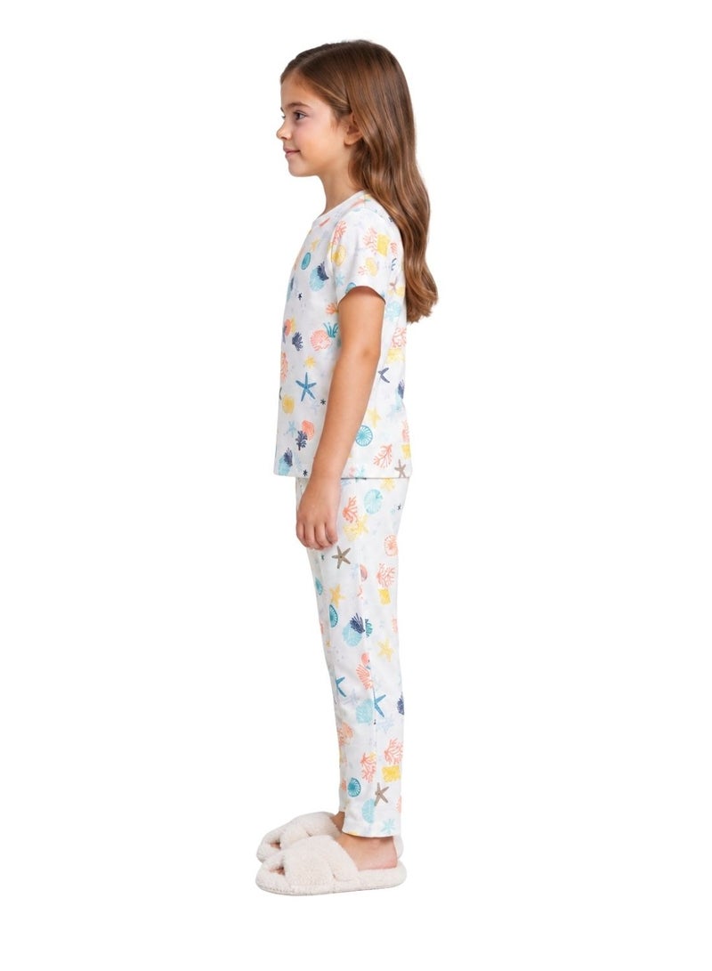 babyqlo Girls White Seashell and Starfish Print Pajama Set - Image 4