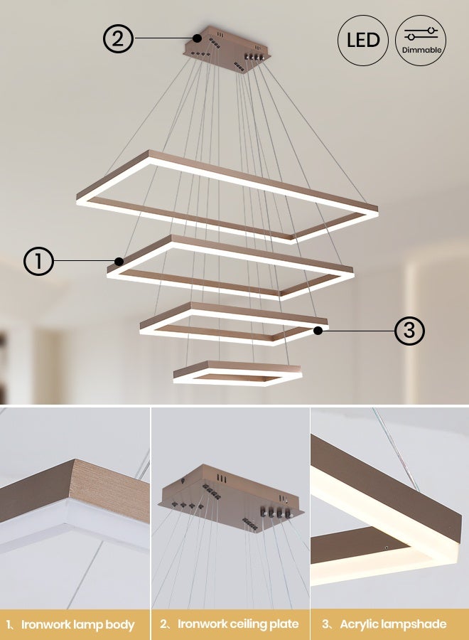 YATAI LIGHTING Modern Brown LED 4 Rectangle Chandelier, 168W Dimmable Pendant with Remote, Adjustable 3000K-6000K Colors, Height Adjustable Lighting for Living Room, Dining Room and Island - Image 5