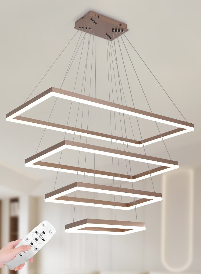 YATAI LIGHTING Modern Brown LED 4 Rectangle Chandelier, 168W Dimmable Pendant with Remote, Adjustable 3000K-6000K Colors, Height Adjustable Lighting for Living Room, Dining Room and Island - Image 1