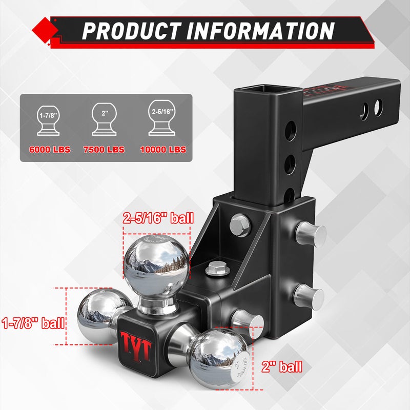 TYT Adjustable Tri-Ball Trailer Hitch for 2 inch Receiver, 5" Drop/Rise, Triple Balls (1-7/8", 2", 2-5/16"), 10,000 lbs GTW, 1,000 lbs TW, Includes Hitch Pin Lock & Tri Pins - Image 2