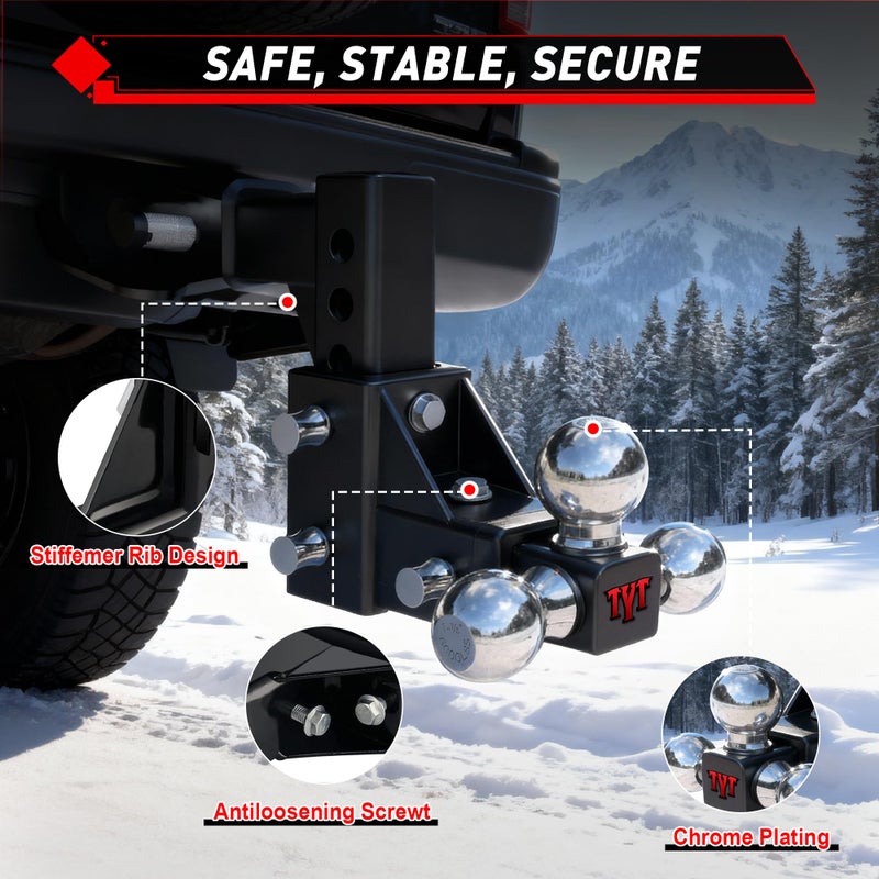 TYT Adjustable Tri-Ball Trailer Hitch for 2 inch Receiver, 5" Drop/Rise, Triple Balls (1-7/8", 2", 2-5/16"), 10,000 lbs GTW, 1,000 lbs TW, Includes Hitch Pin Lock & Tri Pins - Image 4