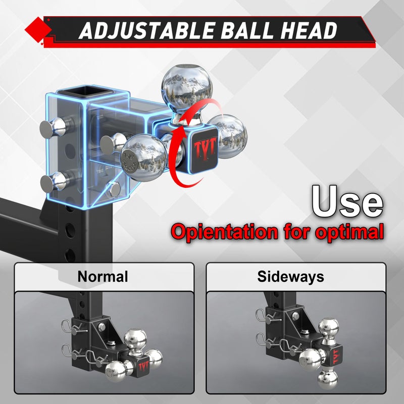 TYT Adjustable Tri-Ball Trailer Hitch for 2 inch Receiver, 5" Drop/Rise, Triple Balls (1-7/8", 2", 2-5/16"), 10,000 lbs GTW, 1,000 lbs TW, Includes Hitch Pin Lock & Tri Pins - Image 5