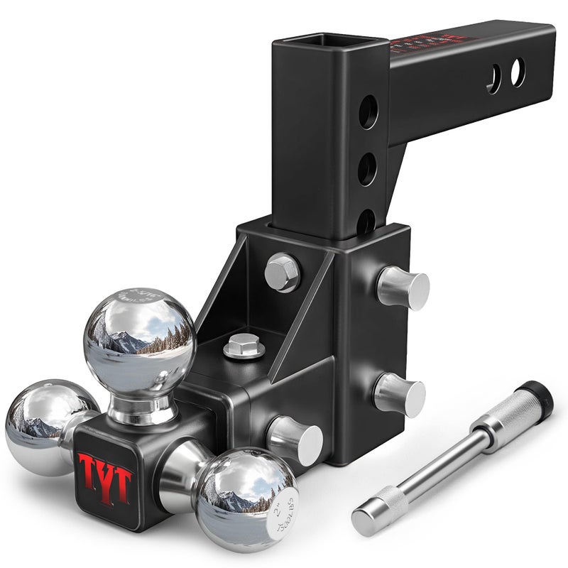 TYT Adjustable Tri-Ball Trailer Hitch for 2 inch Receiver, 5" Drop/Rise, Triple Balls (1-7/8", 2", 2-5/16"), 10,000 lbs GTW, 1,000 lbs TW, Includes Hitch Pin Lock & Tri Pins - Image 1
