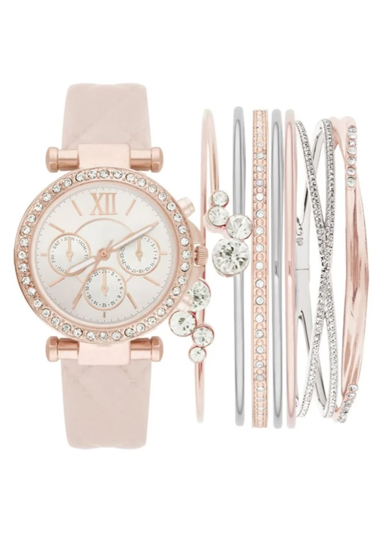 ADRIENNE VITTADINI Adrienne Vittadini Ladies Stackable Analog Watch Rose Gold Case with Crystals Rose Gold Dial Blush Pink Leather Strap 1506R-42-B12