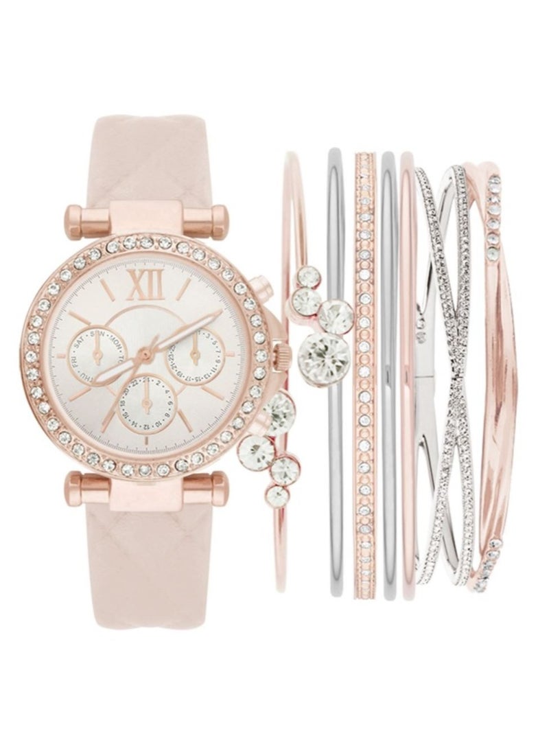 أدرين فيتاديني ساعة أدريان فيتاديني نسائية روز جولد بكريستالات وحزام جلد وردي - Image 1