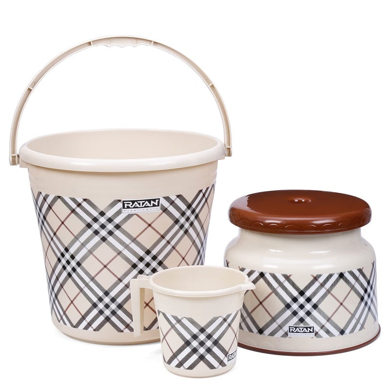 RATAN PLASTICWARE Plastic Bathroom Set of 3 Combo 18L Bucket x 1 1L Mug x 1 Nova Patla Stool 107 x 1 Bath Sets for Home Kitchen Hotels Hostel Hospital Frosty Checks Print Beige - Image 1