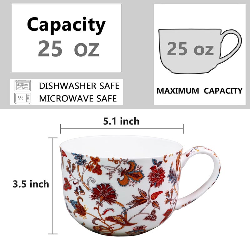 LanHong 25 Ounce Soup Bowls with Handles Large Soup Mug for Coffee Cereal Oatmeal Latte Flora Soup Bowl Bone China Soup Cup Microwave Safe Red - Image 2