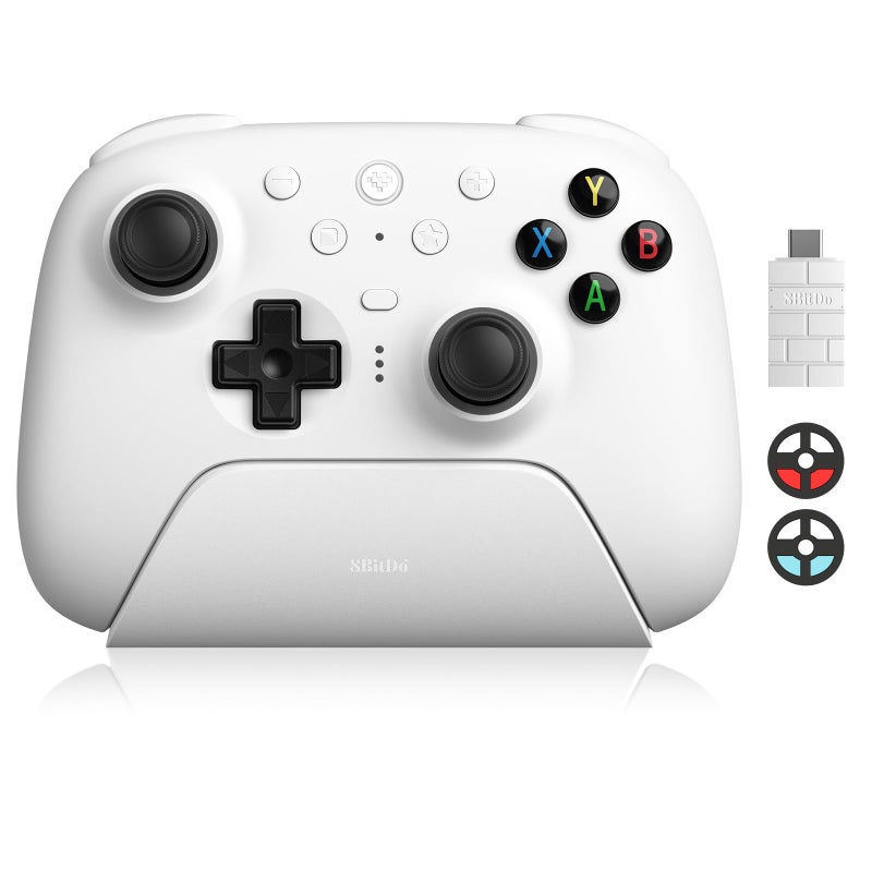8Bitdo وحدة تحكم 8BitDo Ultimate 2 اللاسلكية مع عصي التحكم TMR لوحدة تحكم الألعاب على ويندوز وأندرويد مع مشغلات هال التأثير القابلة للتبديل وحلقة النار RGB وتقنية الشحن اللاسلكي 8Speed قاعدة الشحن البيضاء Ultimate 2 اللاسلكية