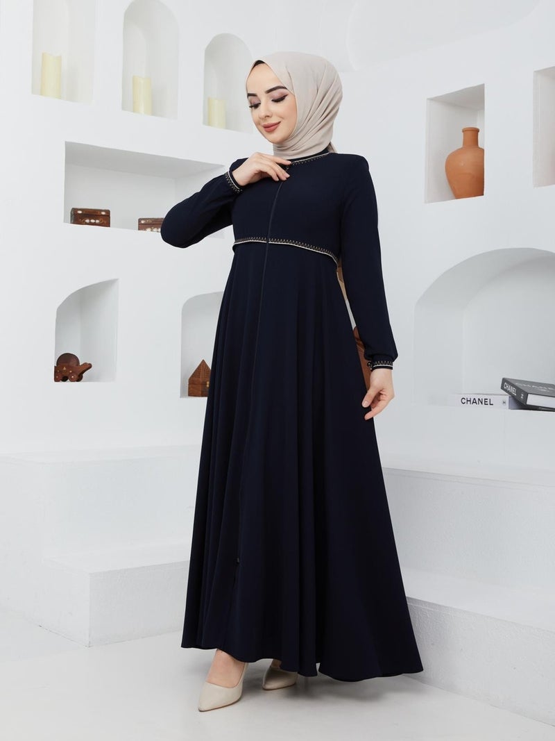 KMK Kombin KMK Combined Summer Mevlana Model Sleeve and Waist Patterned Flared Abaya Topcoat  - Image 1