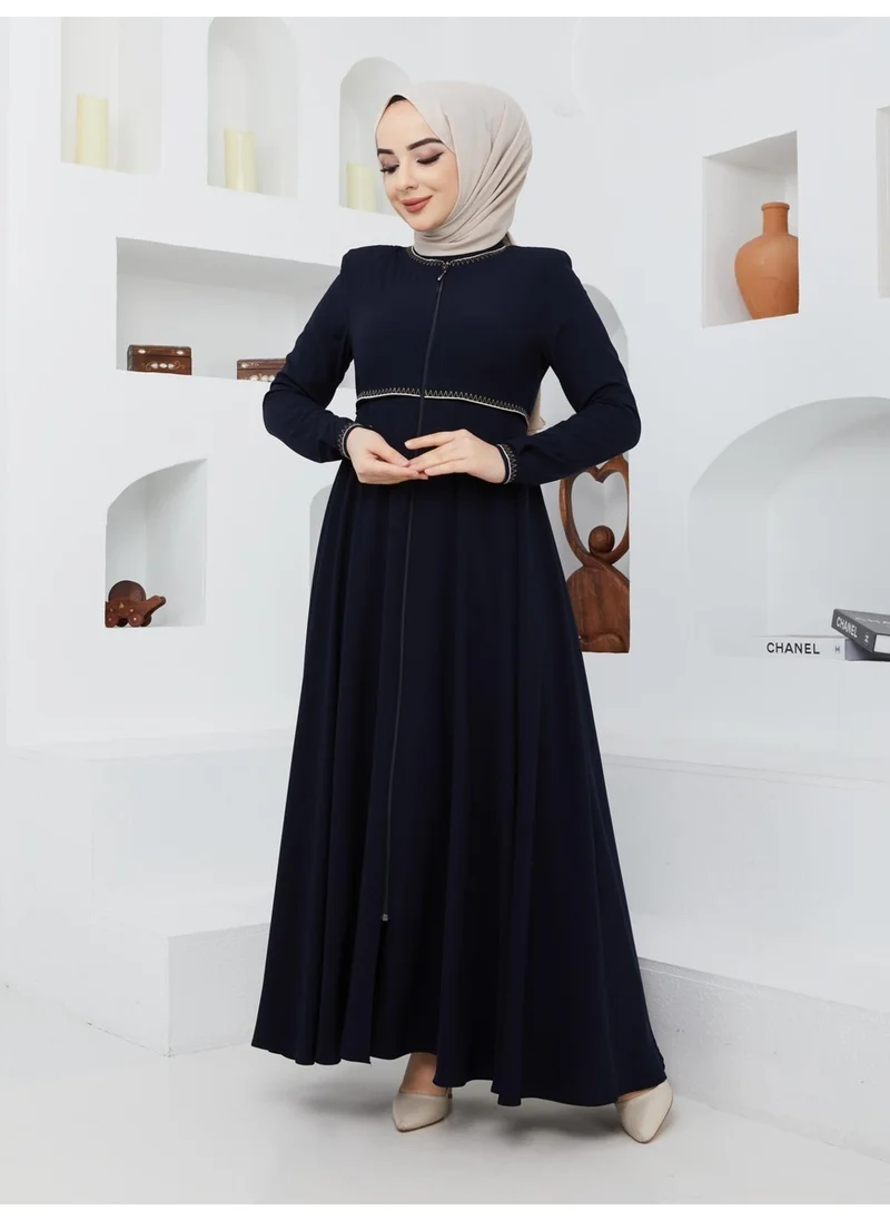 Kmk Kombin KMK Combined Summer Mevlana Model Sleeve and Waist Patterned Flared Abaya Topcoat