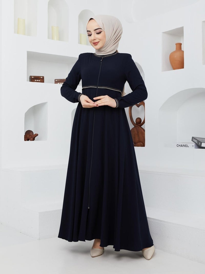 KMK Kombin KMK Combined Summer Mevlana Model Sleeve and Waist Patterned Flared Abaya Topcoat  - Image 5