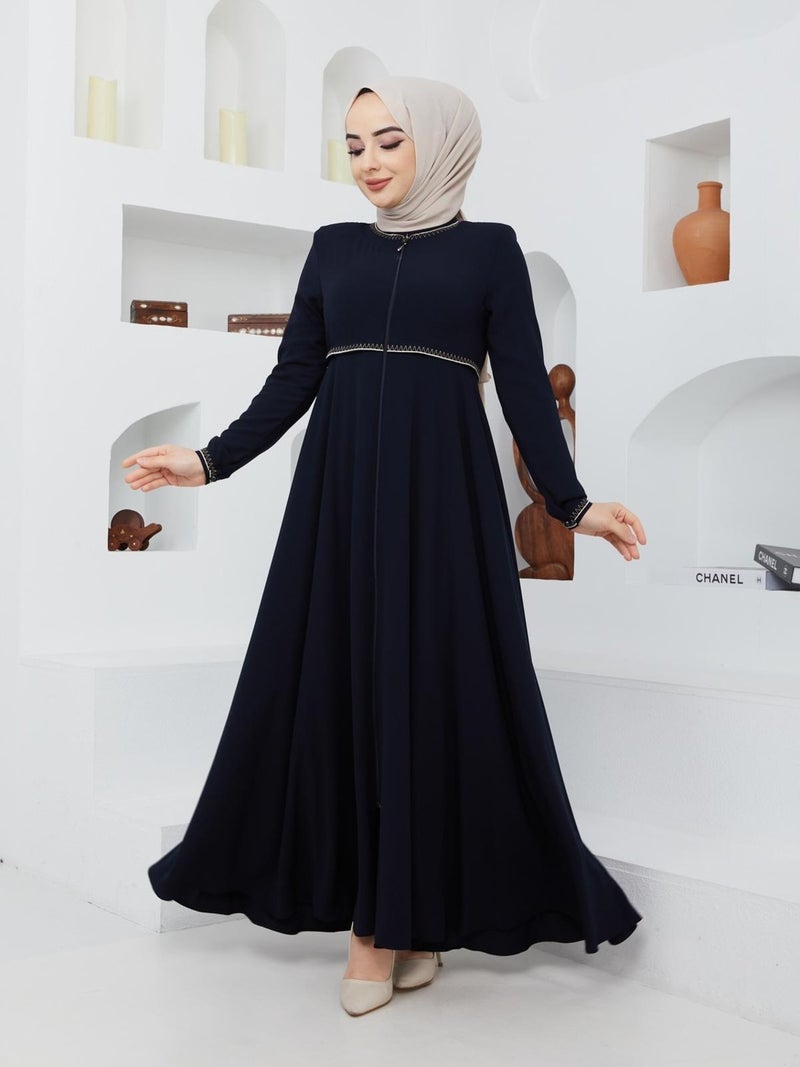 KMK Kombin KMK Combined Summer Mevlana Model Sleeve and Waist Patterned Flared Abaya Topcoat  - Image 3