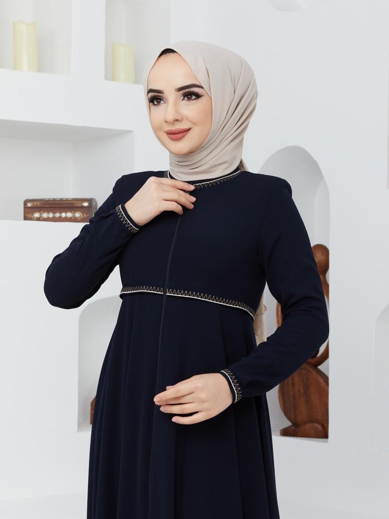 KMK Kombin KMK Combined Summer Mevlana Model Sleeve and Waist Patterned Flared Abaya Topcoat  - Image 2
