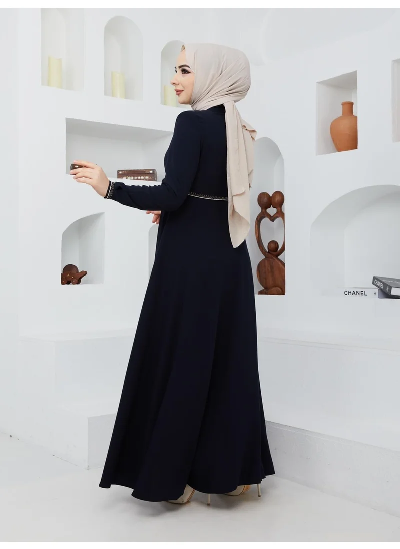 Kmk Kombin KMK Combined Summer Mevlana Model Sleeve and Waist Patterned Flared Abaya Topcoat