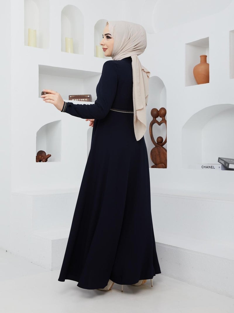 KMK Kombin KMK Combined Summer Mevlana Model Sleeve and Waist Patterned Flared Abaya Topcoat  - Image 4