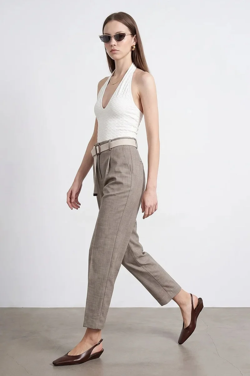 Dilvin Stone Natural DILVIN Belted Straight-leg Ankle Trousers for Women | Best Price UAE