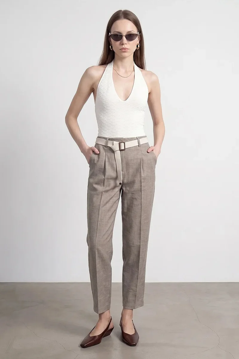 Dilvin Stone Natural DILVIN Belted Straight-leg Ankle Trousers for Women | Best Price UAE