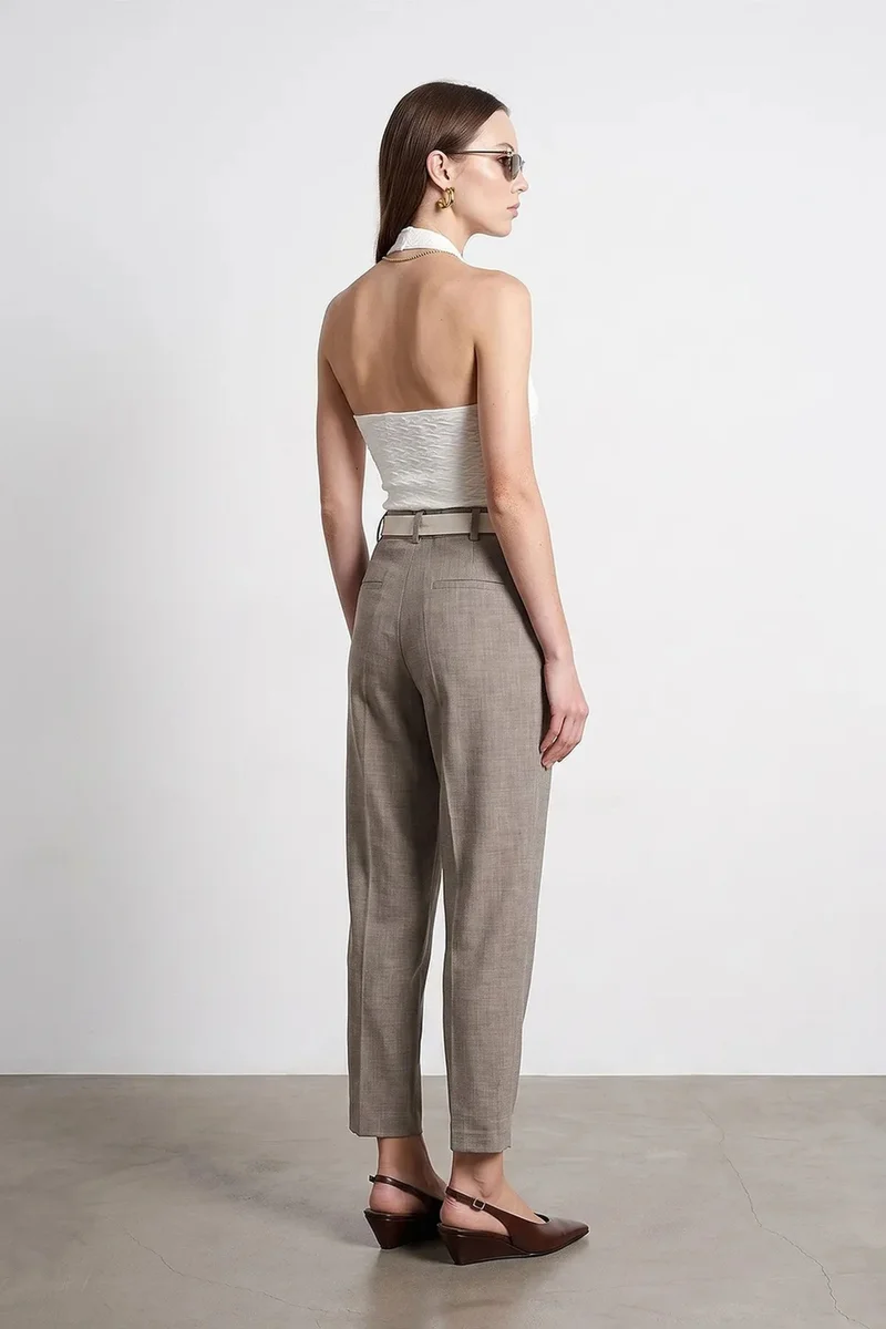Dilvin Stone Natural DILVIN Belted Straight-leg Ankle Trousers for Women | Best Price UAE