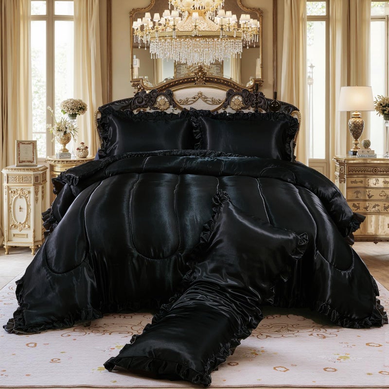 Bedding_Dreamer طقم لحاف كوين من الساتان من Bedding_Dreamer، طقم سرير من البوليستر الأسود الناعم كالحرير، غطاء وسادة فاخر حريري مع لحاف مكشكش، ديكور منزلي - Image 1