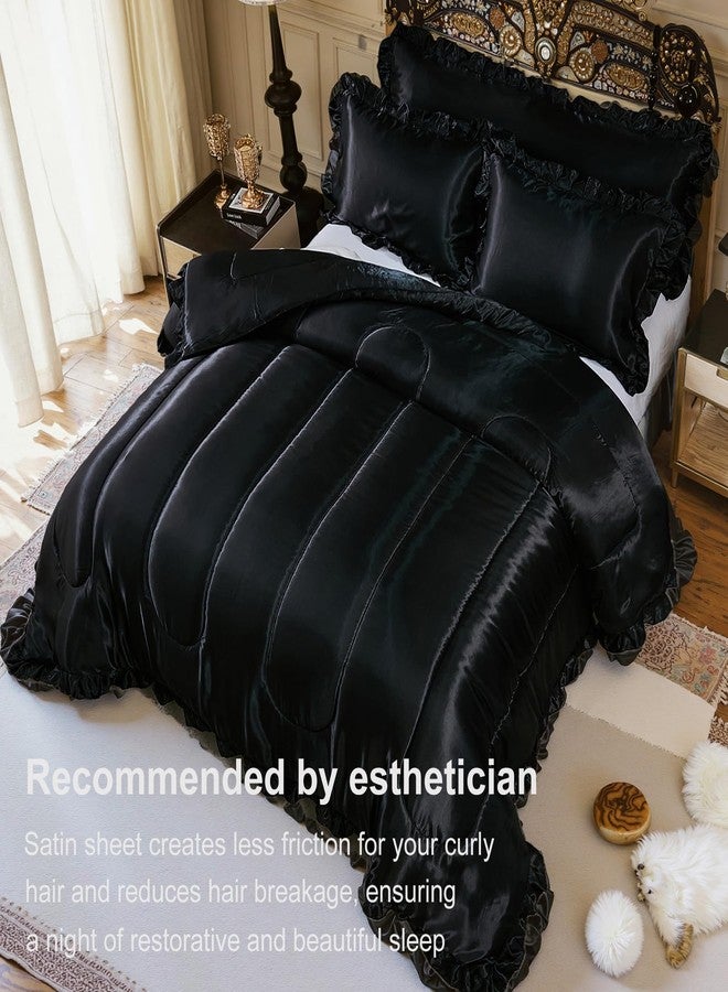 Bedding_Dreamer طقم لحاف كوين من الساتان من Bedding_Dreamer، طقم سرير من البوليستر الأسود الناعم كالحرير، غطاء وسادة فاخر حريري مع لحاف مكشكش، ديكور منزلي - Image 4