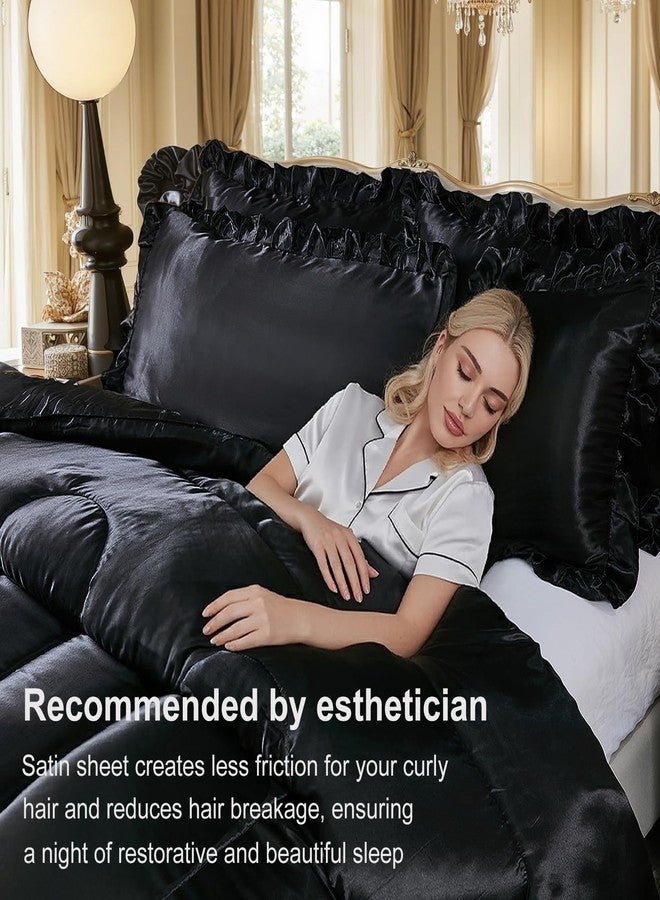 Bedding_Dreamer طقم لحاف كوين من الساتان من Bedding_Dreamer، طقم سرير من البوليستر الأسود الناعم كالحرير، غطاء وسادة فاخر حريري مع لحاف مكشكش، ديكور منزلي - Image 5