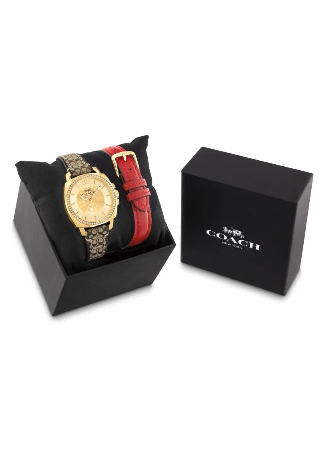 Coach Women's Quartz Watch, Gold Dial, Multi Leather and Fabric Strap