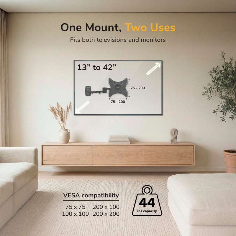 Mount-It! Full Motion TV Wall Mount Bracket for 13-42â€ Screens â€“ 18" Articulating Arm, Quick Release Plate, Tilt Swivel Rotate, Anti-Theft Lock, Single Stud Install, Supports 44 lbs, VESA 75â€“200 - Image 4