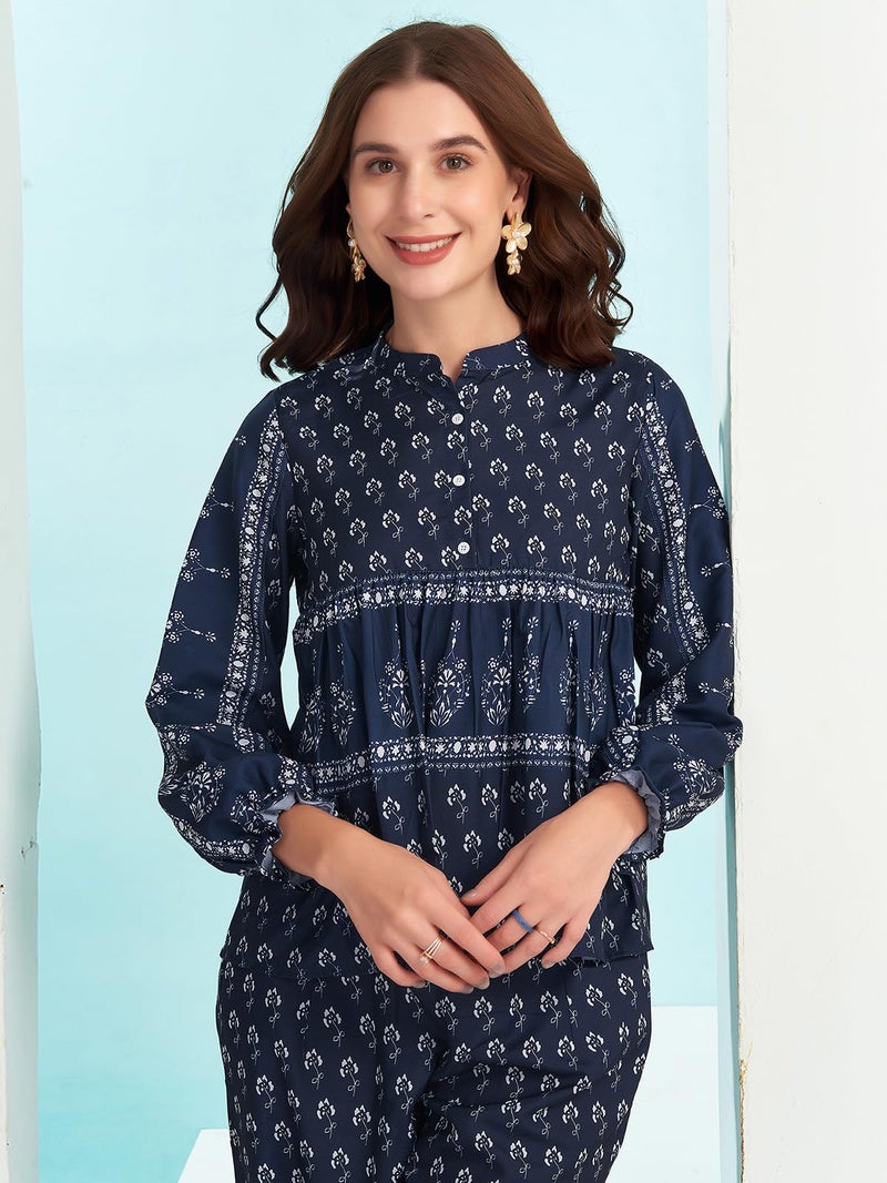 Selvia Ethnic Co-ords Top & Trouser Set | Rayon Blend Printed Two Piece Co-ord Set (671CTK7801N-XL_Dark Blue & White) - Image 4