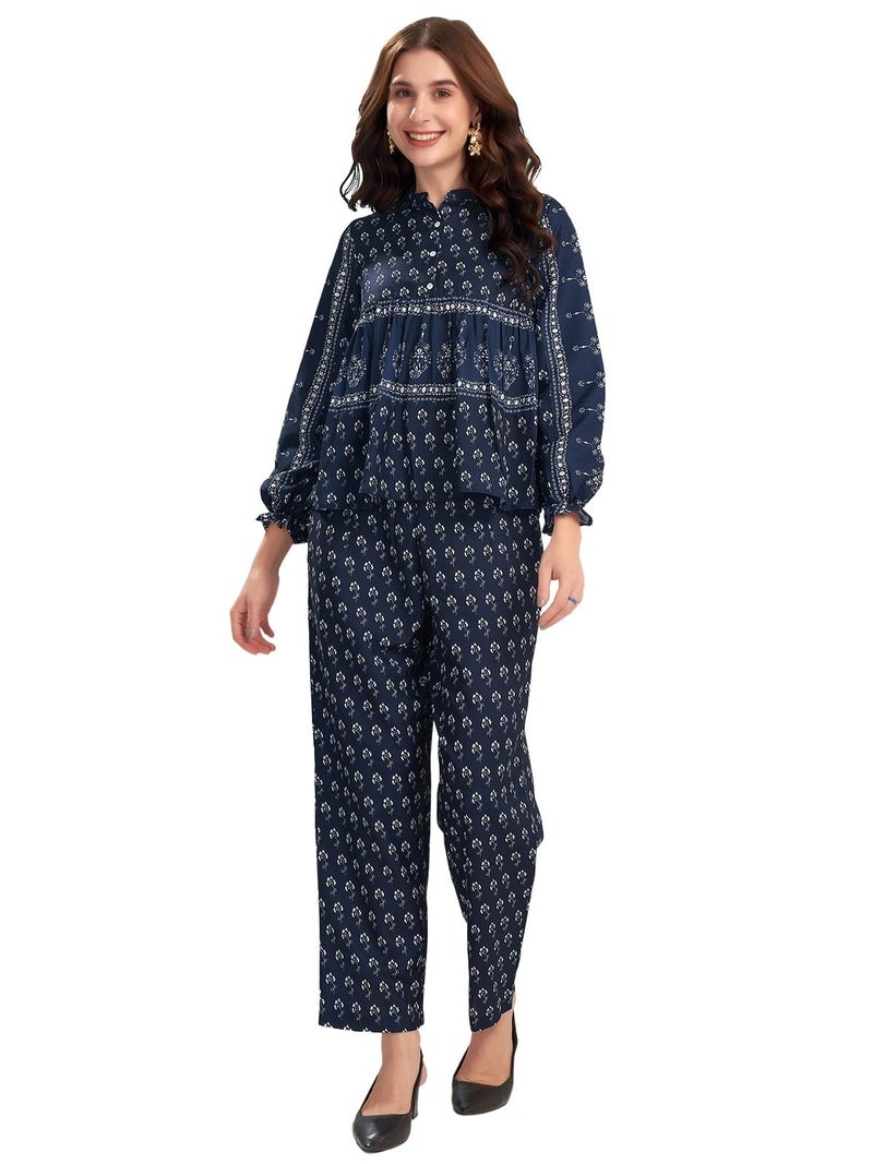 Selvia Ethnic Co-ords Top & Trouser Set | Rayon Blend Printed Two Piece Co-ord Set (671CTK7801N-XL_Dark Blue & White) - Image 1