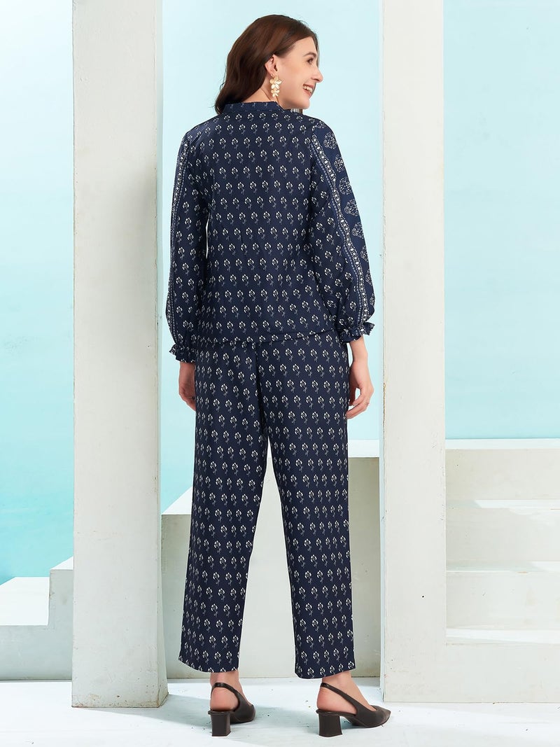 Selvia Ethnic Co-ords Top & Trouser Set | Rayon Blend Printed Two Piece Co-ord Set (671CTK7801N-XL_Dark Blue & White) - Image 2