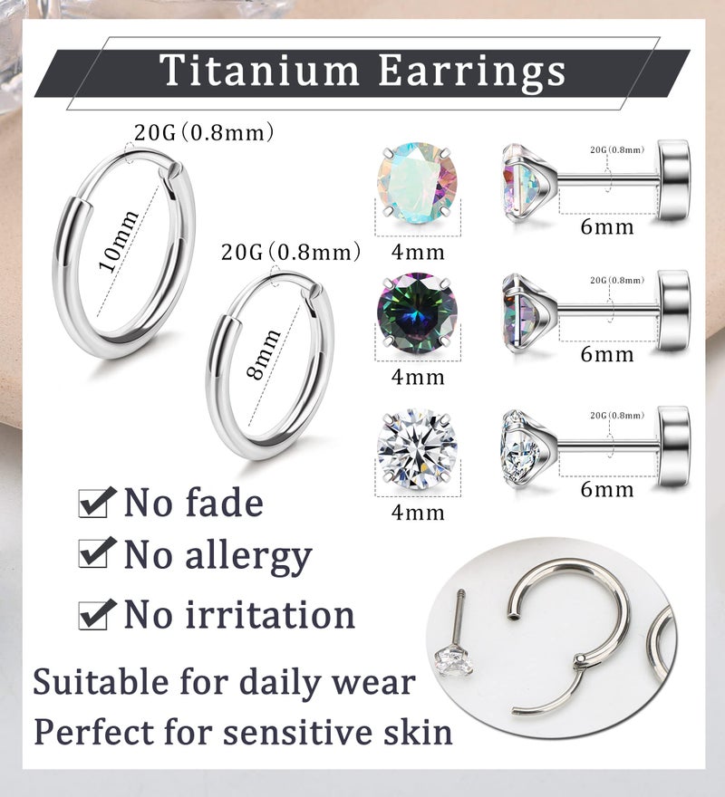 MJust Titanium Earrings for Sensitive Ears 20G Hypoallergenic Stud Hoop Earrings for Women Men Opal Ball CZ Heart Pearl Flat Back Earrings Cartilage Earrings Set - Image 4