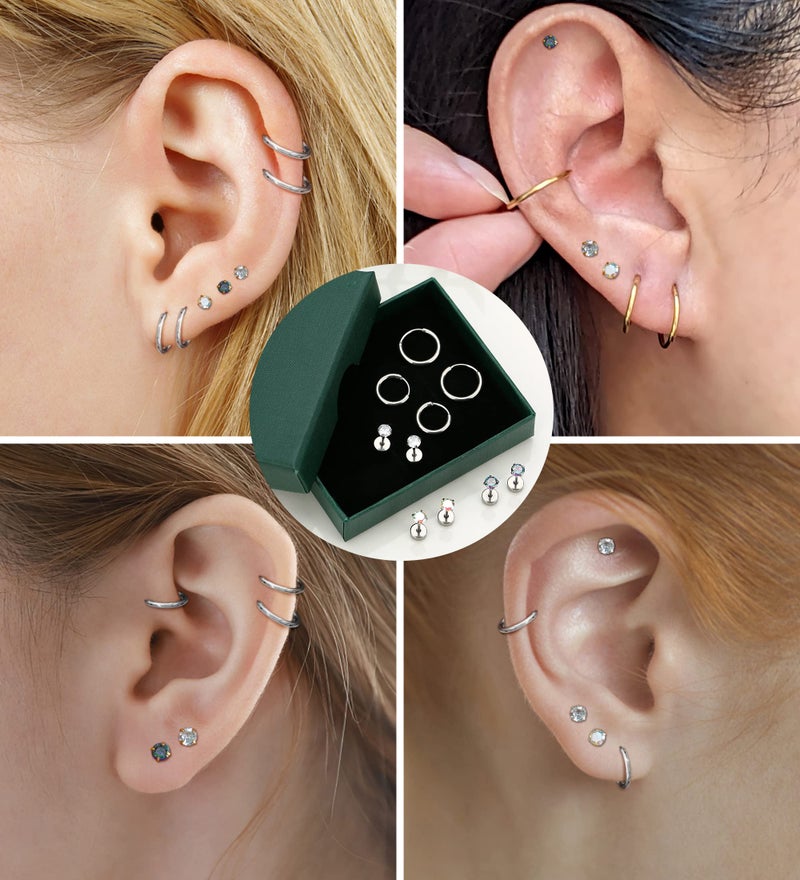 MJust Titanium Earrings for Sensitive Ears 20G Hypoallergenic Stud Hoop Earrings for Women Men Opal Ball CZ Heart Pearl Flat Back Earrings Cartilage Earrings Set - Image 3