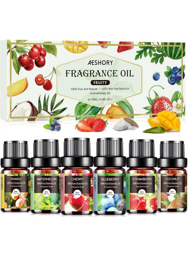 Aeshory 6 x 10ml Fruity Essential Oils Set Fragrance Oil for Diffuser, Aromatherapy, Candle Making, Strawberry, Cherry, Blueberry, Mango, Coconut Fragrance Oil - Image 1
