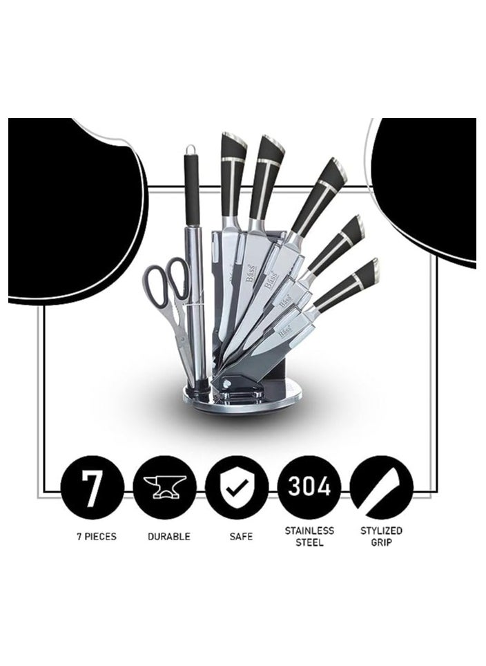 Bass Bass Kitchen Knife Set, Steak Knife and Utility Knives Set - Ultra Sharp High Carbon Stainless Steel Knives with Comfortable Handles (Set of 7, Black A)  - Image 2