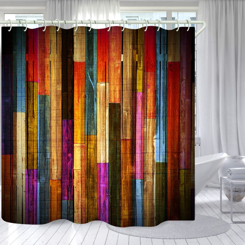 LYFANS Shower Curtains Waterproof Polyester FabricLarge Width Bright Partition Curtain with Color Striped Planks PrintShower Curtain Liner for Bathtub Bathroom with 12 White Hooks 72 x72 inches