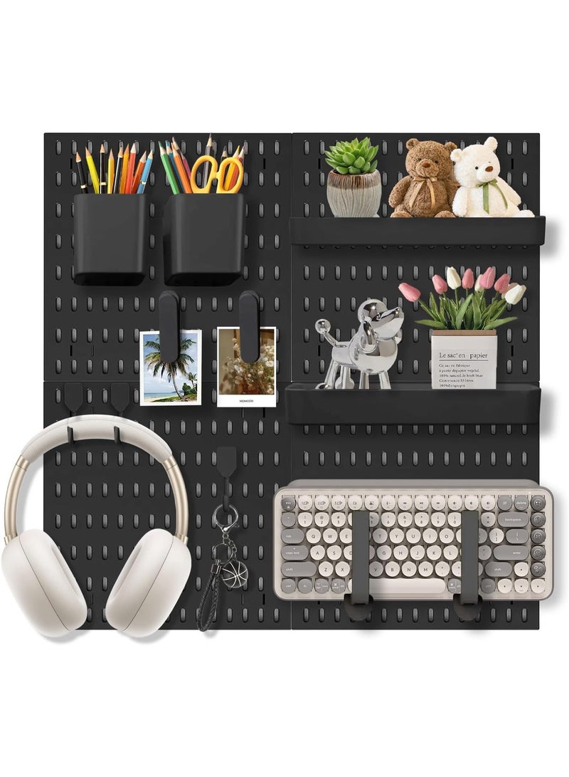 4 Pcs Black Pegboard Wall Storage Kit Wall Shelf Storage Display Rack Modular Hanging Wall Organizer Pegboard DIY Decorative Organization Tool for Home and Office Wall Organizer for Home Office - Image 2