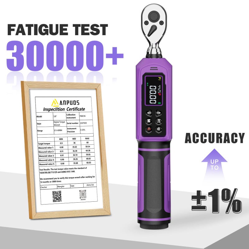 ANPUDS Digital Torque Wrench 3/8 Drive, 0.66-44.25 Ft-lb/0.9-60 Nm Inch Pound Torque Wrench with Dual Direction Ratchet, Â±1% Accuracy with Vibration, Buzzer and LED Alert - Image 2
