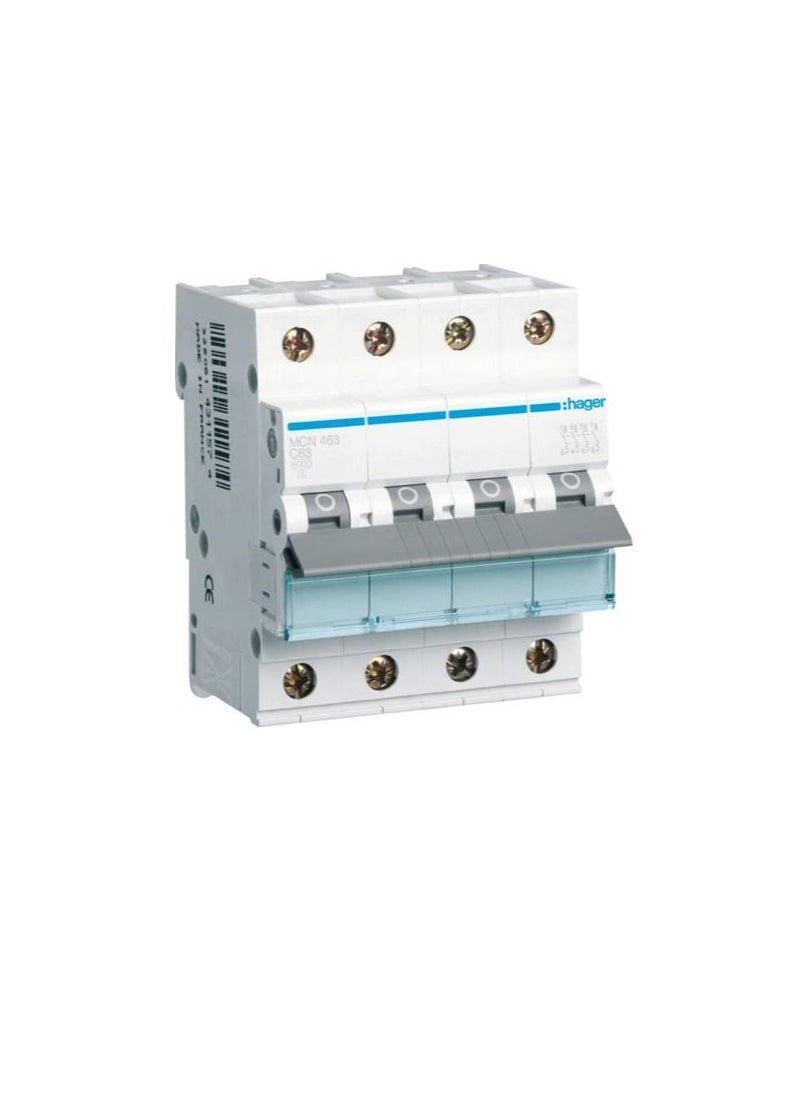 Hager - HAGER Miniature circuit breaker Four Pole 63A 6KA 4P MCB MCN463 - Image 1