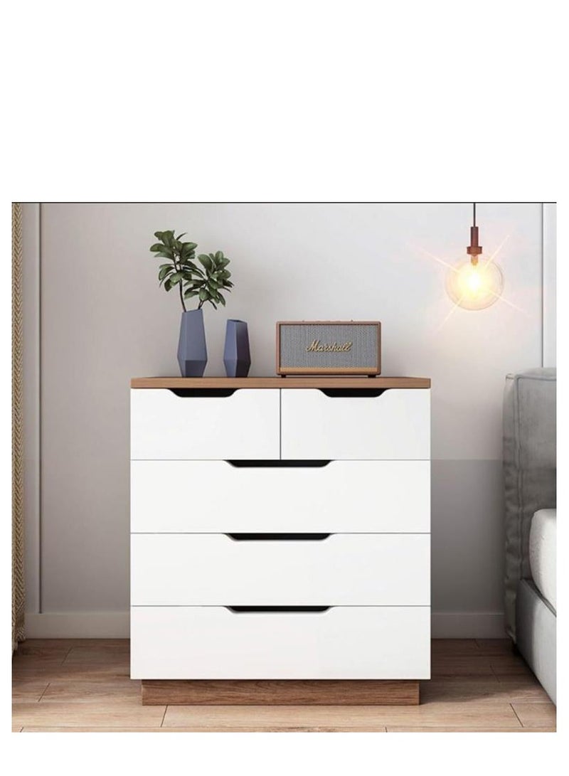 جولدن خزانة ذات أدراج لغرفة النوم وغرفة المعيشة وخزانة تخزين بخمسة أدراج للمكتب المنزلي وطاولة بجانب السرير بيضاء مع أدراج وطاولة تسريحة صغيرة وطاولة بجانب السرير خشبية من مادة MDF مع مساحة تخزين لغرفة الأطفال - Image 1