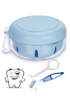 Muyixin Leak Proof Denture Cup Kit Portable Retainer Case with Denture Brush, Strainer, Removal Tool and Mirror（Blue)  - Image 1