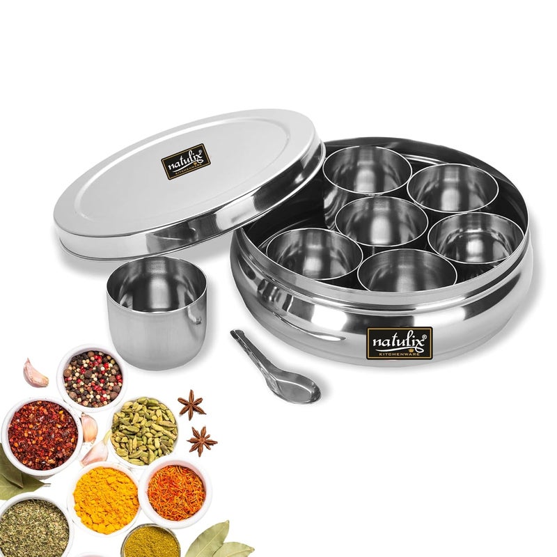 NATULIX Stainless Steel Belly Masala Container Masala box for Kitchen Spice Box Masala Dabba with 7 Containers and Small Spoon Silver Medium 18cm 15 Ltr - Image 1