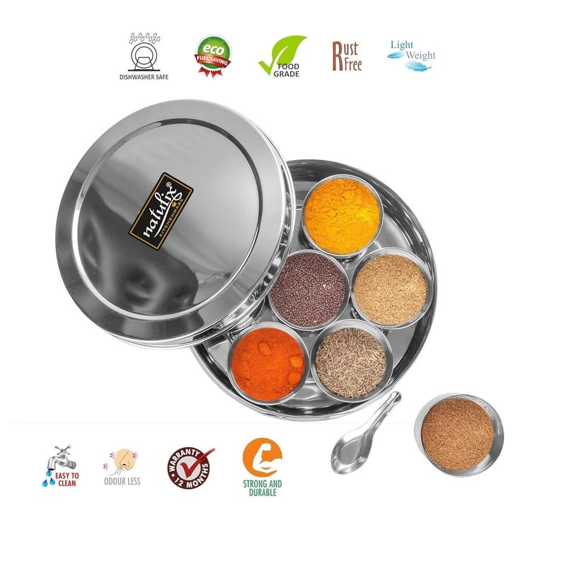 NATULIX Stainless Steel Belly Masala Container Masala box for Kitchen Spice Box Masala Dabba with 7 Containers and Small Spoon Silver Medium 18cm 15 Ltr - Image 4