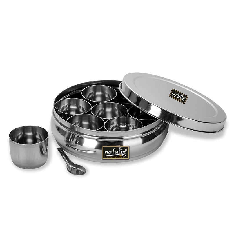 NATULIX Stainless Steel Belly Masala Container Masala box for Kitchen Spice Box Masala Dabba with 7 Containers and Small Spoon Silver Medium 18cm 15 Ltr - Image 2