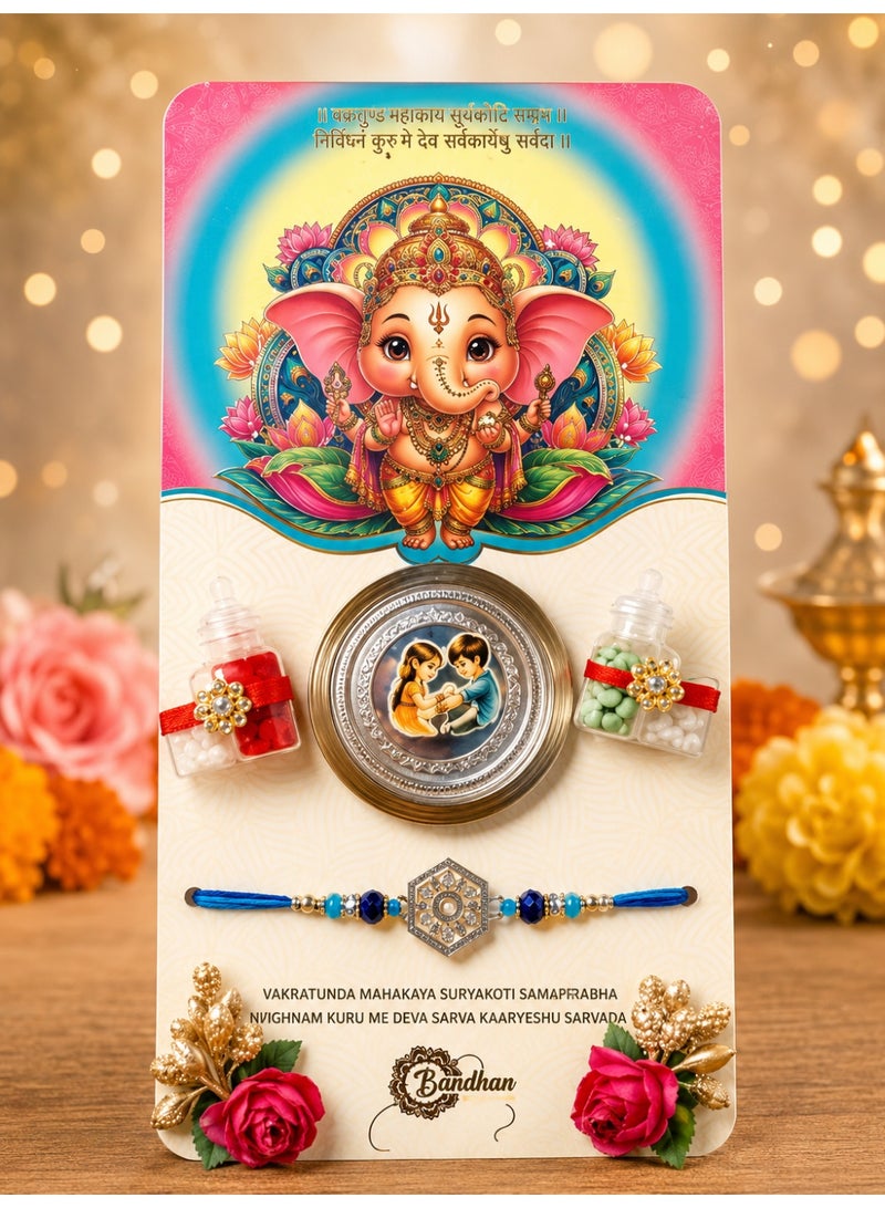 Raksha Bandhan Gift Pack – Designer Rakhi, Ganesha Card, Roli Chawal Containers & Decorative silver Coin.