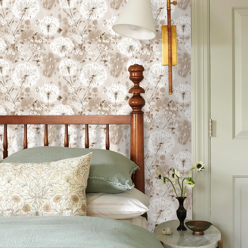 Nukofal Flora Peel and Stick Wallpaper Dandelion Wallpaper Floral Contact Paper 16.9"x118.1" Vintage Brown Wall Paper Peel and Stick Boho Self Adhesive Removable for Cabinet Bedroom Decor Vinyl - Image 2