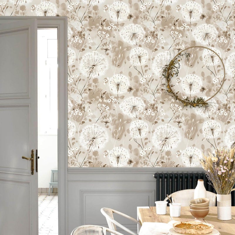 Nukofal Flora Peel and Stick Wallpaper Dandelion Wallpaper Floral Contact Paper 16.9"x118.1" Vintage Brown Wall Paper Peel and Stick Boho Self Adhesive Removable for Cabinet Bedroom Decor Vinyl - Image 3