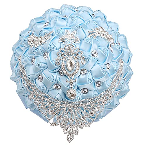XINNI Handmade Bridal Wedding Bouquet Bride Bridesmaid Satin Rose Flower Bouquet with DropShaped Rhinestone Wedding Decoration Light Blue