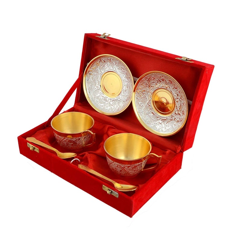 PIEPOT Piepot Brass Gold Silver Plated Cup Saucer Set of 2 with Red Velvet Box Pack of 6 2 Cup 2 Saucer Spoon Best of Tea Coffe Anitique Look  - Image 2